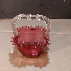 Vintage Elegant Art Glass Cranberry Glass Basket with Handle